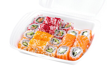Sushi  roll assortment in takeout box, closeup object. Isolated on transparent background