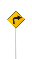Traffic road sign turn right, closeup object. Isolated on transparent background