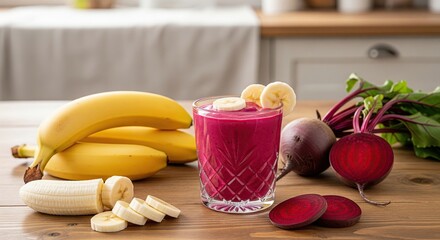 Vibrant Beetroot and Banana Smoothie in a Crystal Glass with Fresh Ingredients on a Wooden Table