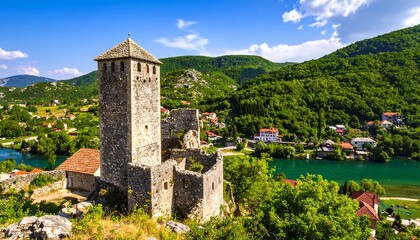 Fototapeta premium Panoramic view of a historic stone tower and ruins