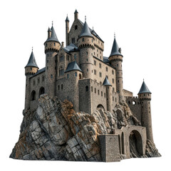 Medieval stone castle on rocky cliff with tall towers and arched entrances