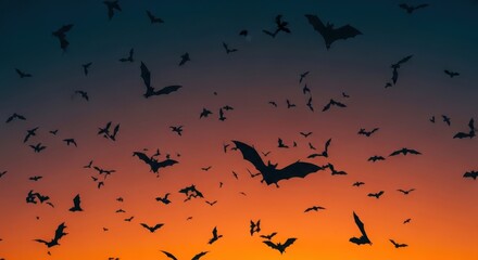 Fototapeta premium A vast swarm of bats silhouetted against a vibrant sunset sky with orange and blue hues