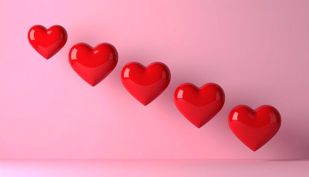 Five glossy red hearts on a light pink background