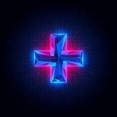 Obraz premium Futuristic glowing neon plus sign with crystalline facets. A vibrant pink and blue cross symbol representing technology, health, and innovation