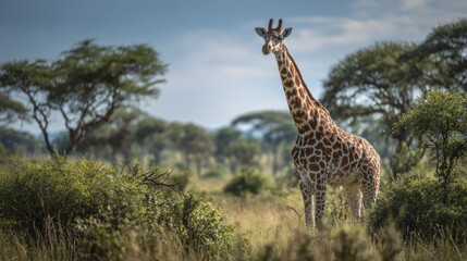 Majestic giraffe stands tall amidst the African savanna, surrounded by lush greenery and trees