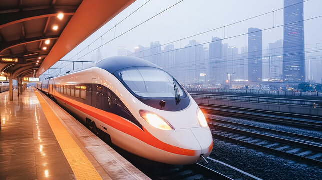 Sleek high-speed train is positioned at a contemporary urban station platform, with a foggy skyline and towering buildings in the background, highlighting modern transportation and engineering - Powered by Adobe