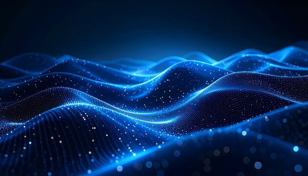 Abstract digital waves in shades of blue with sparkling lights, undulating across a dark background
