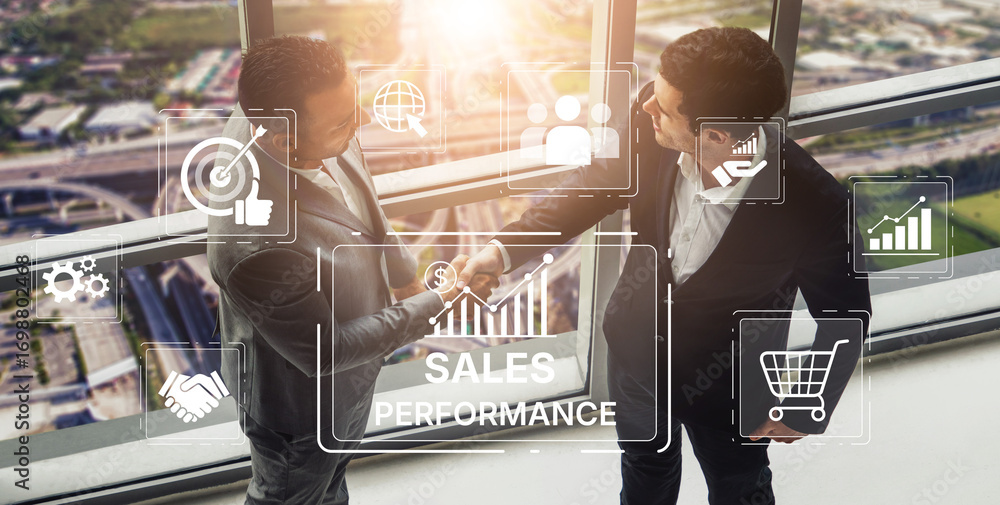 Poster digital sales performance dashboard showing sales performance metrics, performance trends, sales per