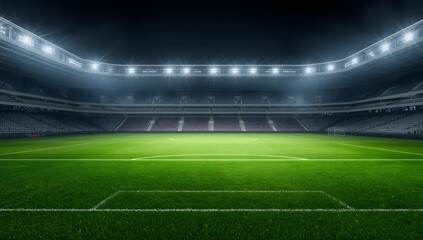 A vast, empty stadium field illuminated by bright overhead lights, ready for a game.