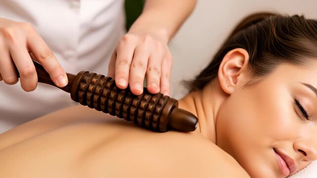 Woman receiving back massage with wooden rolling tool for maderotherapy or relaxation treatment footage