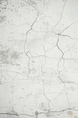 Fototapeta premium Detailed texture of an old white cracked wall with visible weathering. The rough plaster surface shows a grunge background with abstract fissure patterns