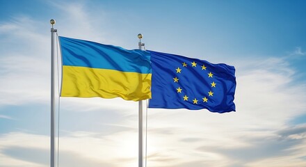 Ukraine and European Union Flags Waving Together.