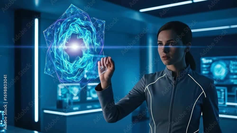 Aufkleber woman interacting with glowing holographic user interface, manipulating abstract digital data in an 