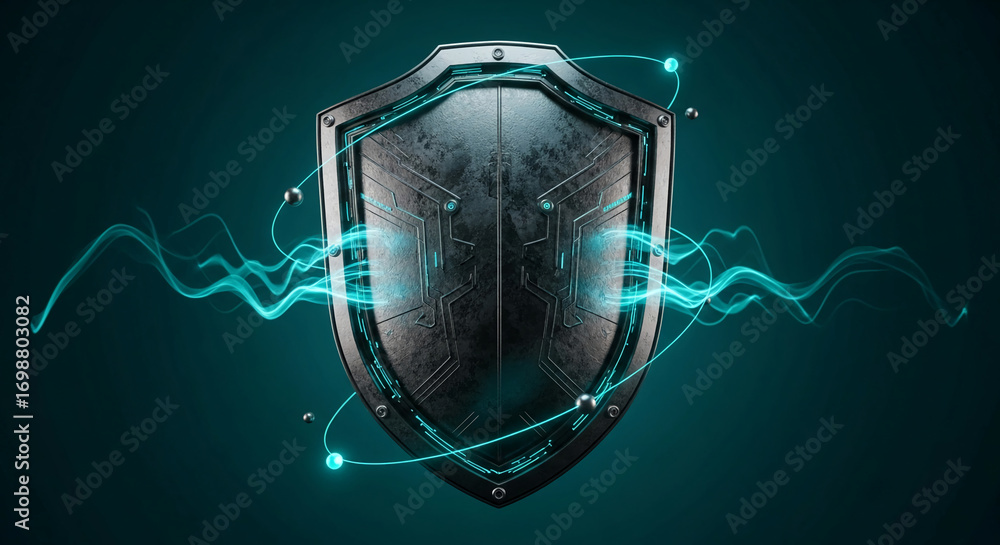 Poster metallic shield with teal energy streams, symbolizing digital security and protection, ideal for tec