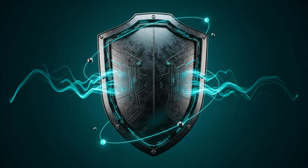 Metallic shield with teal energy streams, symbolizing digital security and protection, ideal for tech or cybersecurity concepts