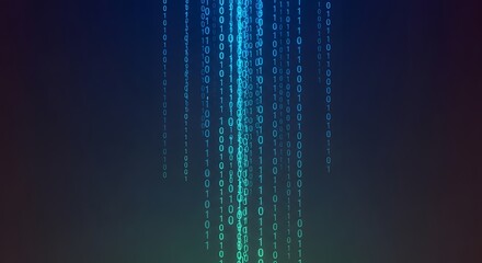 Abstract minimal design of binary numbers streaming vertically with glowing neon light against futuristic gradient background