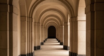 Symmetrical stone archway with light and shadow in historic corridor