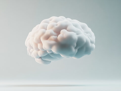 This 3D illustration features a floating brain rendered in soft pastel colors, highlighting intricate details and textures, symbolizing creativity and cognitive processes in a serene environment