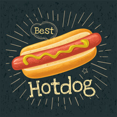 Hotdog with mustard. Vector color flat illustration for poster, label and menu cafe fast food. Isolated on the black chalkboard with vintage white chalk engraving rays, lettering, bubble