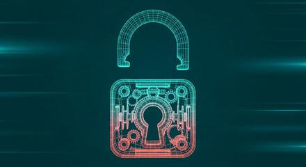 Wireframe padlock with gears, teal and red gradient, dark background, showcasing security, technology, and protection concepts