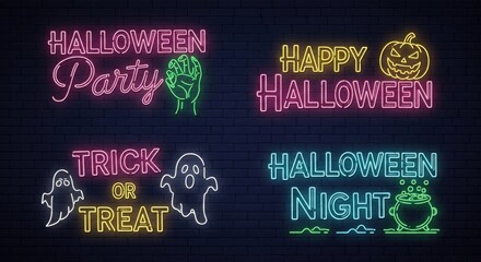 A collection of neon signs illuminates a dark brick wall with halloween greetings