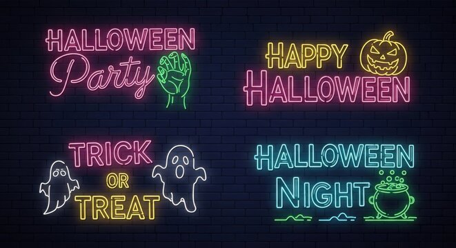 A collection of neon signs illuminates a dark brick wall with halloween greetings - Powered by Adobe