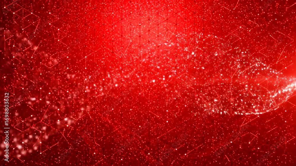 Poster rotating bright light and glittering particles against a deep red connected grid background, abstrac