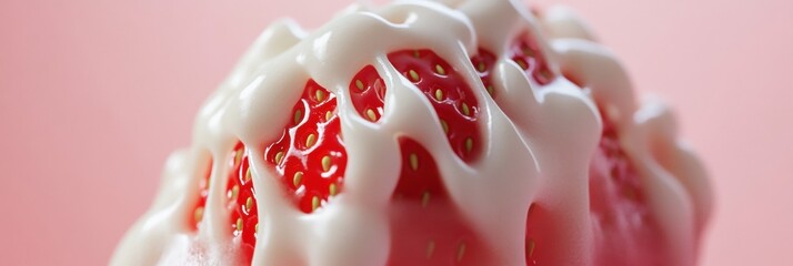 Delicious fresh strawberries topped with creamy white frosting on a pink background creating a tempting dessert treat