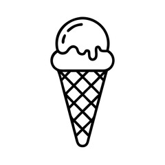 Simple black line drawing of a waffle cone ice cream dessert