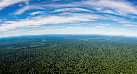 An expansive aerial view of the lush green amazon rainforest under a vast blue sky