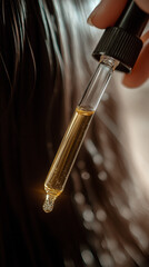 Naklejka premium Golden batana oil applied to hair in soft light, ideal for organic wellness and cosmetic visuals.