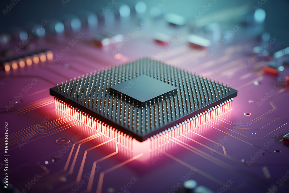 Poster close-up of a glowing computer cpu processor on a futuristic motherboard circuit board.