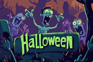 Obraz premium Vintage Halloween Card Illustration. Pumpkins, Jack O Lanterns, and Bats with Happy Halloween Text. Retro Greeting Card Design with Copy. Holiday Party Invitation or Poster Template