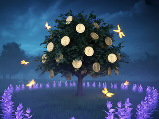 Magical glowing tree adorned with luminous orbs and surrounded by ethereal butterflies at twilight
