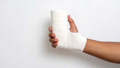 Bandaged hand held against white background