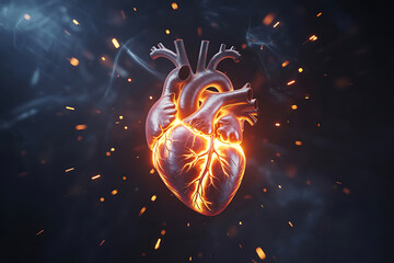 Fiery anatomical heart symbolizing passion love life force abstract cosmic energy