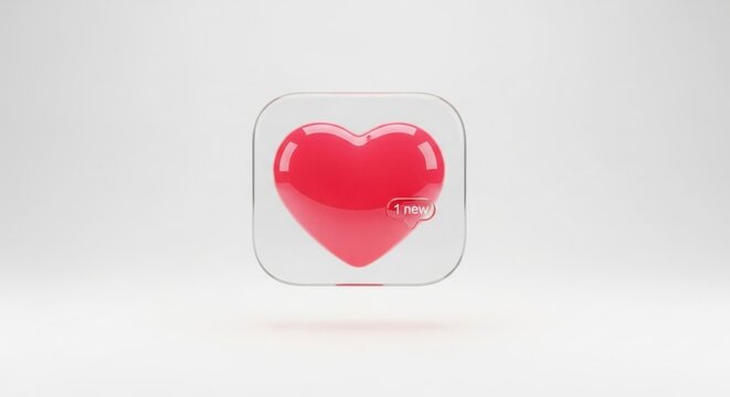 A Realistic 3D Rendering of a Red Heart Icon with a Notification Badge Inside a Transparent Square Container