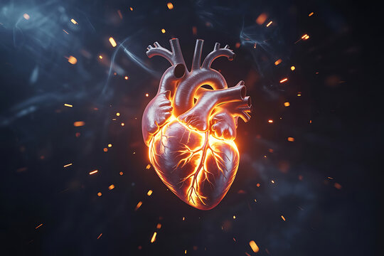 Fiery anatomical heart symbolizing passion love life force abstract cosmic energy