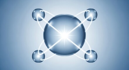 A central glowing sphere is connected by orbiting lines to four smaller spheres