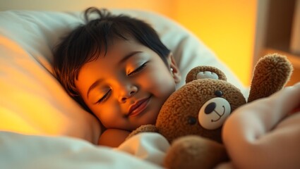 A young child sleeping soundly in bed hugging a brown teddy bear with a white pillow behind them