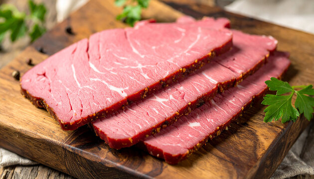 Homemade sliced corned beef on wooden board. Tasty food. Delicious meat.