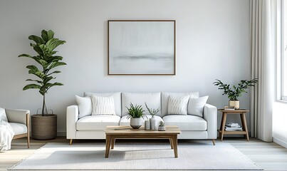 Fototapeta premium Elegant and bright living room with white furniture and green accents