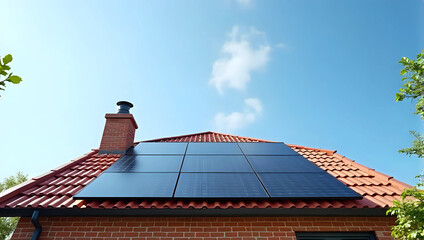 Portrait of modern solar panels installed on tiled roof UK house, solar panel installation, clear blue sky - renewable, green energy, sustainable living, eco-friendly alternative concept