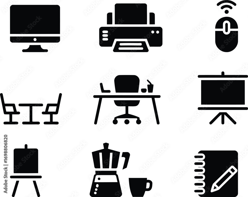 Poster office productivity icons displaying workspace setup featuring computer printer wireless mouse meeti