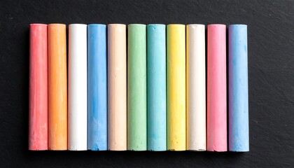 Colorful chalk sticks arranged in rows on a dark surface