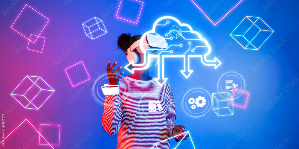 Poster explore the innovative blend of cloud computing and virtual reality, showcasing interactive graphics
