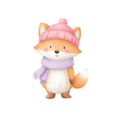 Naklejka premium Cute cartoon fox in pink hat and purple scarf on black background
