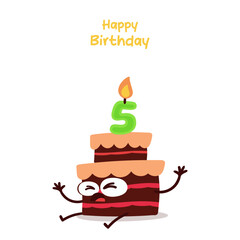 Cute cartoon birthday cake with number 5 candle, funny face, happy anniversary celebration vector illustration isolated on white background.