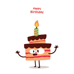Funny cartoon birthday cake with one candle, cute character smiling and celebrating, festive vector illustration isolated on white background.