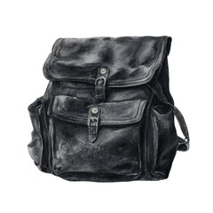Naklejka premium Vintage black leather backpack with buckles and pockets on black background